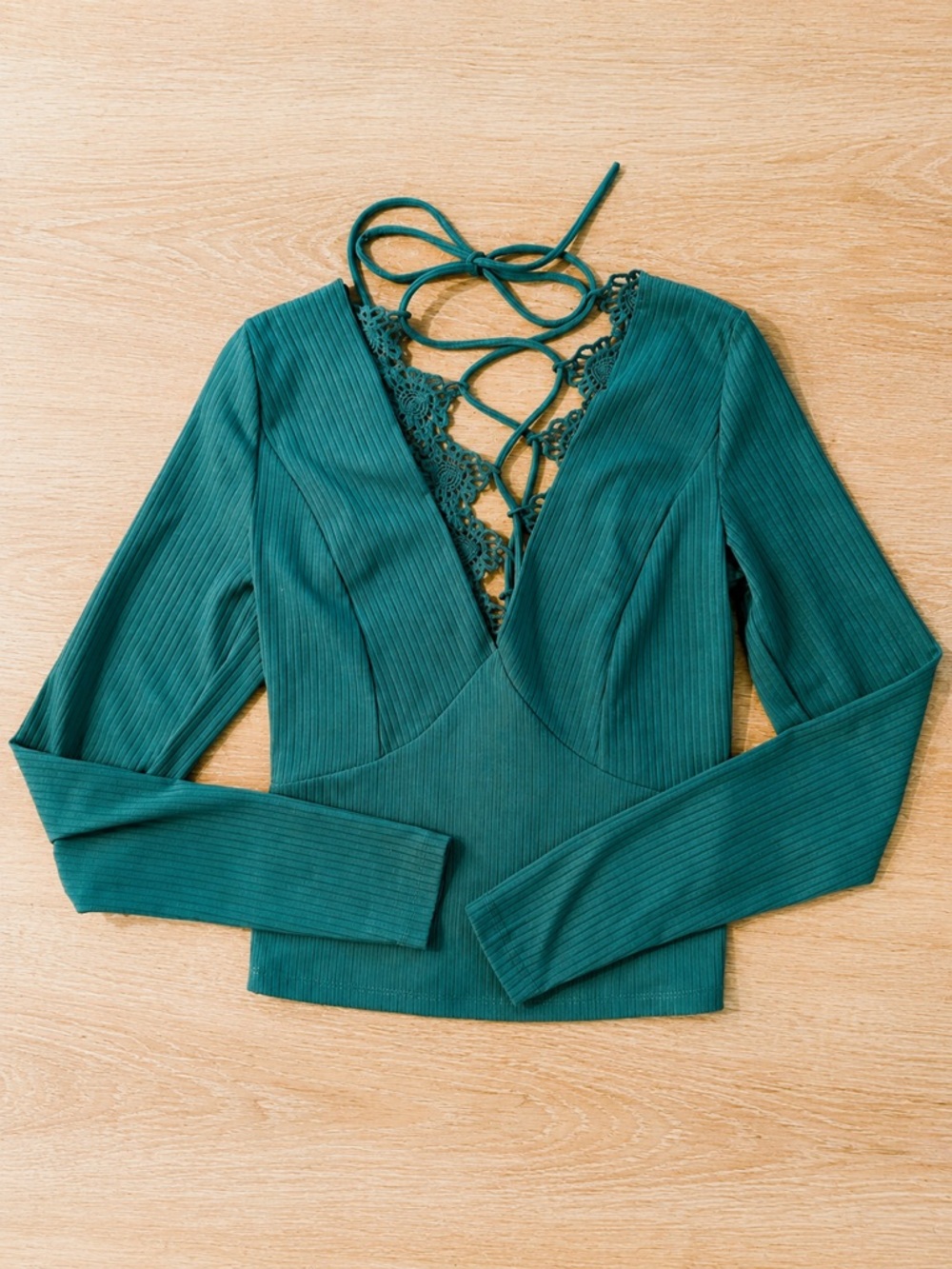 Willow & Root Ribbed Lace-Up Back Crop Top – XS – Teal